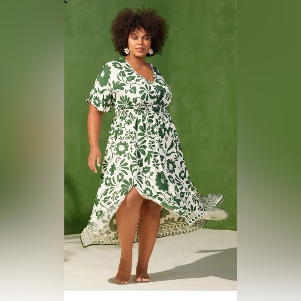 Chic Floral Maxi linen Dress in Green and White Bloomchic Varies  🌹 BC BAG 01/04